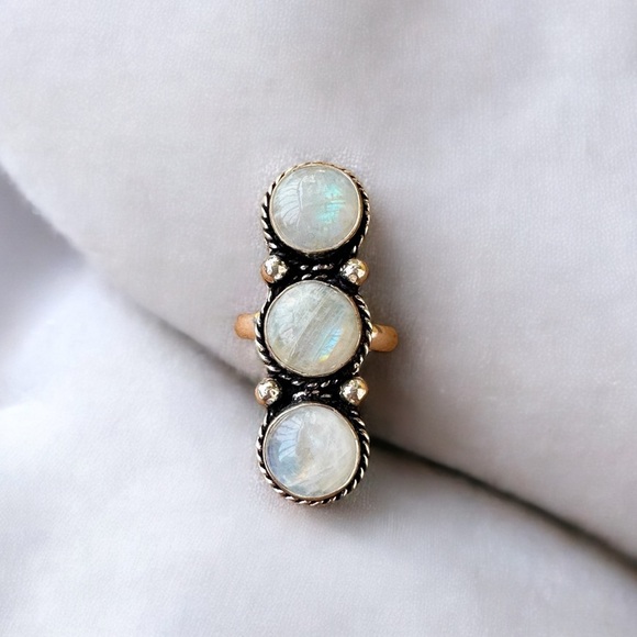 925 Sterling Silver and Triple Natural Rainbow Moonstone Ring - Picture 7 of 13